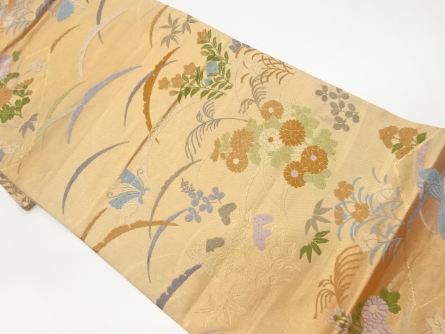 JAPANESE KIMONO / VINTAGE FUKURO OBI / KARA-ORI / WOVEN FLOWER & BUTTERFLY